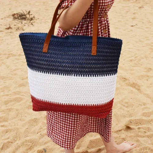Miniatura 92 de Bolso grande de paja para mujer, tejido de ratán, bolso de playa de verano, a rayas