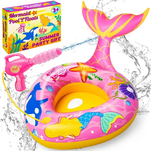 Pool Floats Kids with Water Gun Inflatable Pool Floats for Kids Ages 3-8 Outdoor Games Water Toys Summer Swimming Fun for Boys Girls rosado sirena