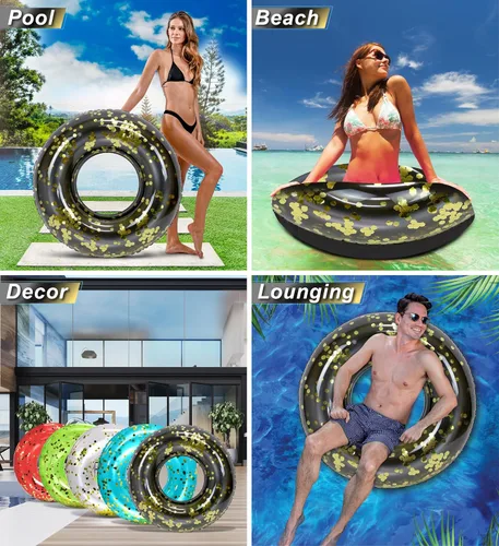 Miniatura 3 de POZA Flotador inflable para piscina, flotador de anillo de natación de confeti resistente a los rayos UV, flotadores inflables resistentes