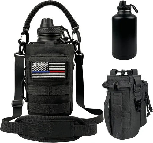 Miniatura 16 de Botella de agua aislada de 32 onzas, jarra de agua negra militar de acero inoxidable con manga, botellas de agua para gimnasio para hombres