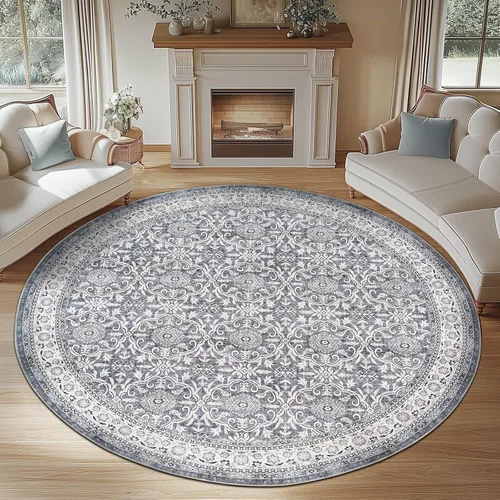Miniatura 159 de Jinchan Fiora - Alfombra redonda de 8 pies, alfombras vintage con diseño floral envejecido, lavable a máquina, antideslizante, de pelo bajo, Azul