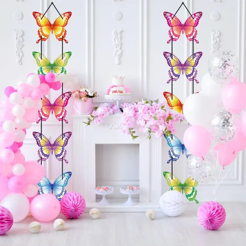 Miniatura 6 de Cartel de decoración de fiesta de cumpleaños de mariposa, suministros de fiesta de mariposa para interiores y exteriores, cartel de telón de fondo