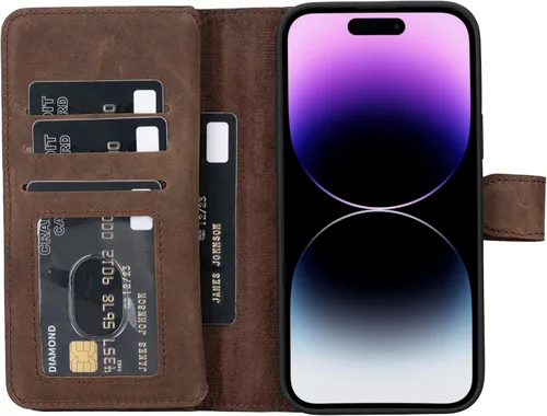 Miniatura 69 de HARDISTON Funda de piel auténtica de alta calidad hecha a mano para iPhone 11 Pro de 5.8 pulgadas, tarjeteros de doble folio, funda magnética Negro