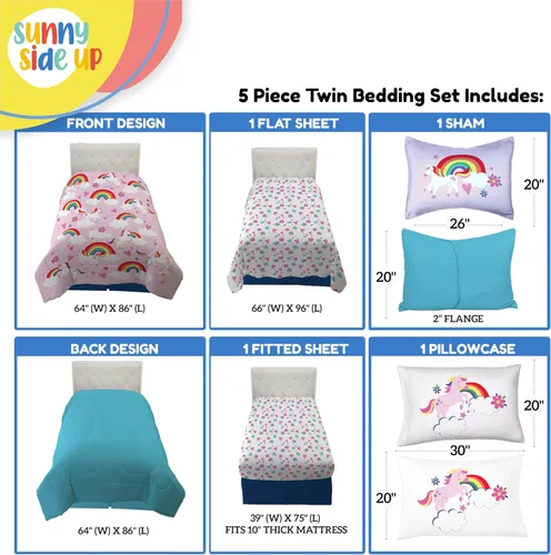 Miniatura 3 de Juego de edredón de unicornios arcoíris de Sunny Side Up para cama individual de 5 piezas - juego de ropa de cama para niños que incluye edredón
