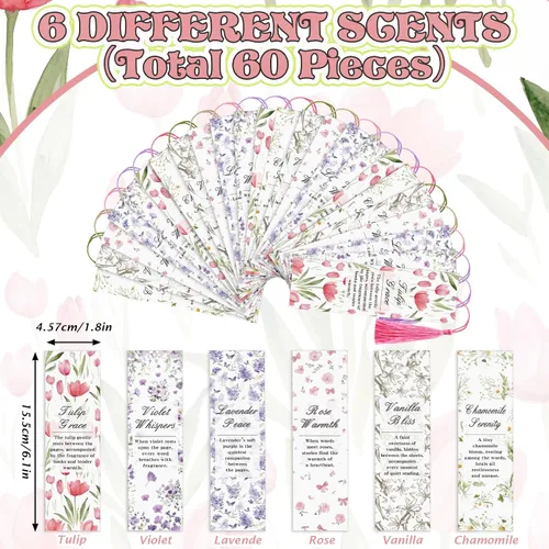 Miniatura 2 de Sinmoe 60 Pcs Scented Bookmarks for Women Book Lovers Scratch and Sniff Rose Flower Bookmarks with Tassels Smelly Craft Reading Gifts for Reading