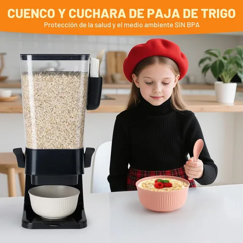 Miniatura 4 de Osacoe Dispensador de cereales para encimera, color negro, paquete de 2 con cuencos, cucharas, caja de cubiertos, dispensador de alimentos secos