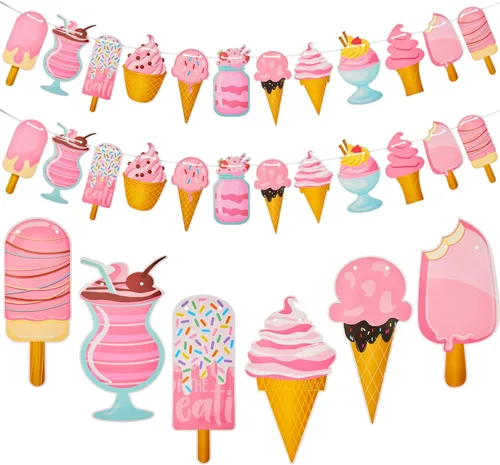 Outus 2 pancartas de helado para decoración de barra de helado para fiesta de primer cumpleaños, guirnalda para verano, baby shower, boda, fiesta,