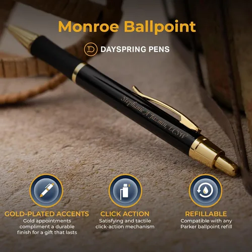 Miniatura 4 de Dayspring Pens, Monroe - Bolígrafo negro, grabado personalizado con detalles de oro de 18 quilates, acción de clic, tinta negra de punta media