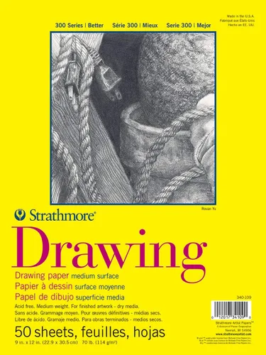 Strathmore Bloc de papel de dibujo serie 300, encuadernado con pegamento, 9 x 12 pulgadas, 50 hojas (70 libras/4.02 oz), papel de artista para