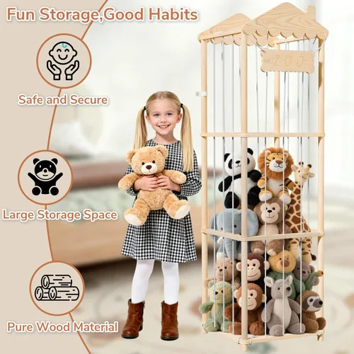 Miniatura 3 de AMBIRD Almacenamiento de animales de peluche, soporte de madera para zoológico, organizadores de juguetes grandes para niños, almacenamiento