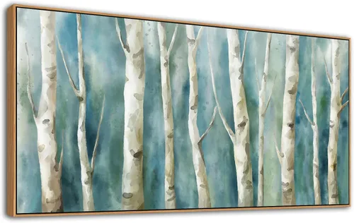 Miniatura 2 de Arte de Pared en Lienzo de Abedul Enmarcado - Imágenes Abstractas de Árboles de Abedul para Pintura Moderna en Lienzo Turquesa, Obra de Arte