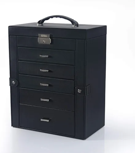Miniatura 9 de Kendal Cajas de joyería grandes para mujer 6 capas de cuero negro elegante para joyas caja organizadora de almacenamiento con cerradura para collar