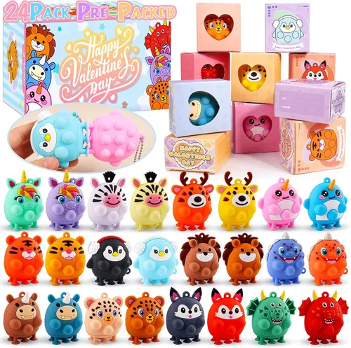 ChildFun Regalos para el día de San Valentín para niños, 24 cajas de San Valentín prearchivadas con juguetes de succión 3D de animales, recuerdos de