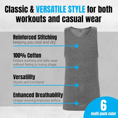 Miniatura 4 de Athllete Men's Tank Top Undershirts 6-Pack, Cotton Sleeveless A-Shirts, Ribbed Mens Tanktops, Wife Beater Shirts