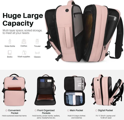 Miniatura 12 de Mochila de Viaje Snoffic para Mujer, Negro, 17 pulg.
