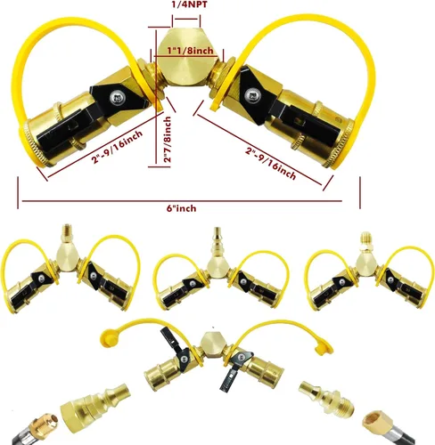 Miniatura 3 de Kit adaptador divisor en Y de propano de 1/4 pulgadas, 2 vías RV a parrilla de conexión rápida/desconexión de manguera de gas LP para cámperes
