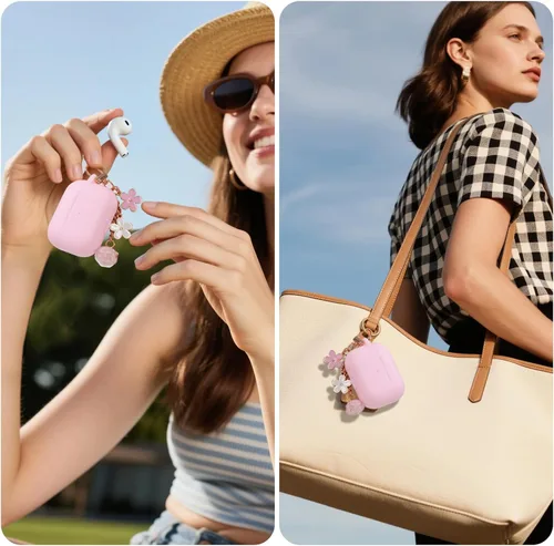 Miniatura 8 de Funda para AirPods Pro 2 con bonito llavero y bolígrafo de limpieza, funda de silicona suave para AirPods Pro de 2ª/1ª generación para mujeres