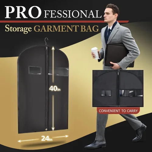 Miniatura 4 de Hleelomi Paquete de 5 bolsas de traje de 40 pulgadas para viajes y almacenamiento, bolsas de ropa para colgar ropa con cremallera y ventana Negro