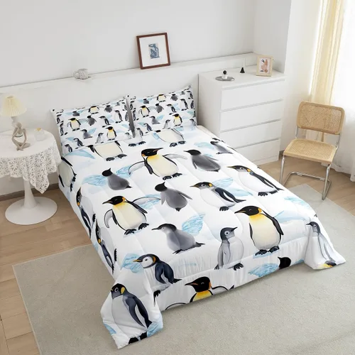 Miniatura 4 de Erosebridal Juego de ropa de cama de pingüinos de dibujos animados, tamaño matrimonial, juego de edredón de pingüinos lindos y divertidos, juego