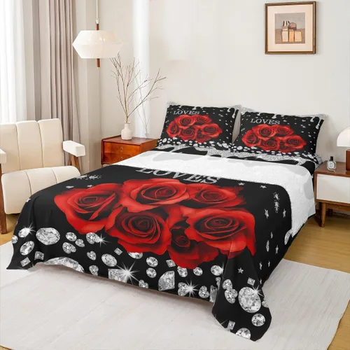 Miniatura 9 de Erosebridal Juego de sábanas de rosas rojas, tamaño individual, color rojo y negro, para niñas, mujeres, hombres, parejas, romántico, floral