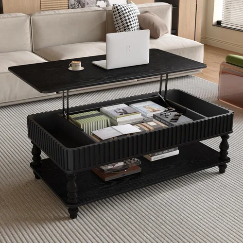 Miniatura 12 de 31.52" Square Lift Top Coffee Table with Storage, Natural Rattan & Hemp Rope, Adjustable Function, Vintage Farmhouse Center Table for Living Room
