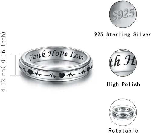 Miniatura 33 de 925 Sterling Silver Spinner Fidget Ring for Women: Musical Note Viking Rune Heartbeat Anxiety Stress Relieving Rotatable Ring Faith Hope Love