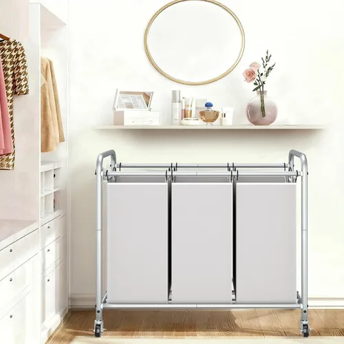 Miniatura 7 de STORAGE MANIAC Clasificador de ropa sucia de 3 secciones, carrito de lavandería de 35.6 galones (135 L) con ruedas resistentes con cerradura y Gris