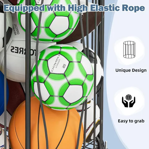 Miniatura 2 de Hencawima Garage Ball Storage: Round Sports Equipment Organizer with Wheels, Sports Ball Rack With Elastic Rope, Ball Holder for Basketball, Soccer
