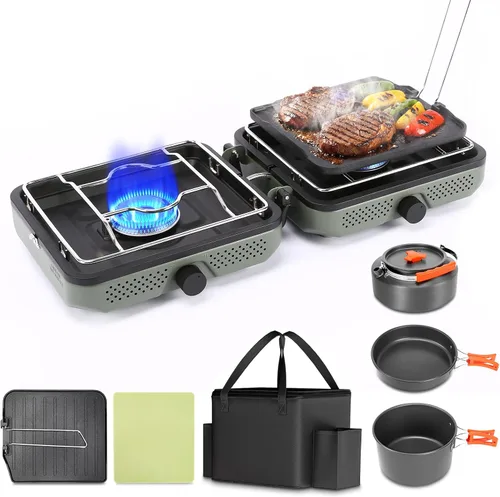 Miniatura 14 de Hisencn Estufa de campamento, estufa de campamento de propano de 2 quemadores, plancha dual, estufa de propano portátil de 30,000 BTU con bolsa