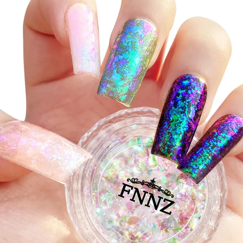 FNNZ Escamas de camaleón de unicornio, Aurora Unichrome, sirena, iridiscente, lámina de uñas, confeti, ópalo, arte de uñas, lentejuelas con