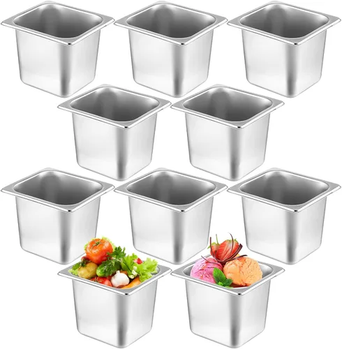 Miniatura 11 de Thenshop Paquete de 10 sartenes de acero inoxidable para hoteles de 1/4 de 6 pulgadas de profundidad, bandeja de comida de metal comercial