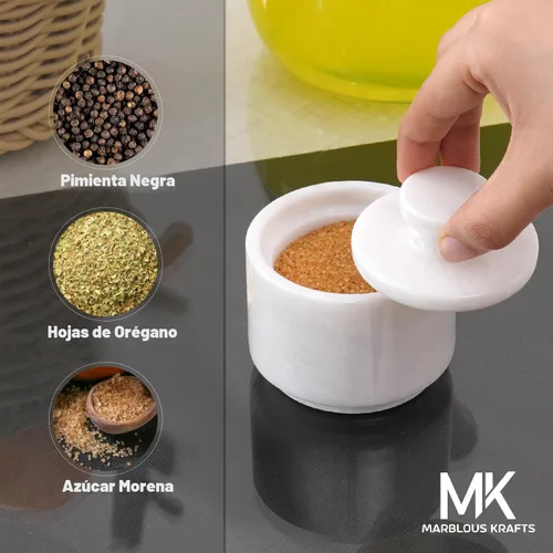 Miniatura 4 de MARBLOUS KRAFTS Bodega de sal de mármol con tapa, caja de sal blanca de 3 pulgadas, contenedor de sal de piedra y tarros de especias, soporte de sal