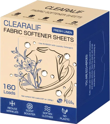 CLEARALIF Hojas suavizantes de tela para lavandería, aroma de lino fresco, 160 cargas, respetuoso con el medio ambiente, ideal para viajes,