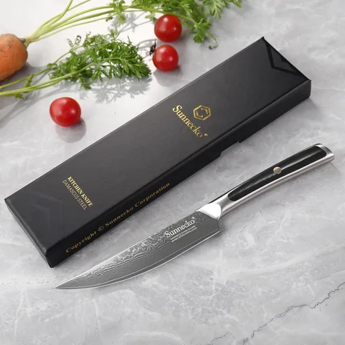 Miniatura 6 de Sunnecko Cuchillo para Carne de Cocina de 5 Pulgadas, Cuchillo para Carne de Damasco VG-10, Acero Japonés, Cuchillos de Carne No Dentados de Espiga