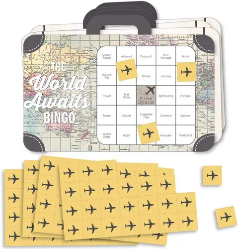 Big Dot of Happiness World Awaits - Tarjetas de bingo y marcadores - Juego de bingo con forma de fiesta temática de viaje - Juego de 18