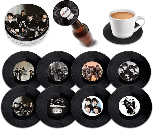 Juego de 8 posavasos de vinilo de The Beatles con abridor magnético de botellas, bonitos posavasos de música, regalos de bar para hombres y mujeres,