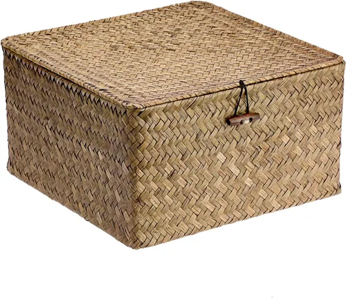 Miniatura 20 de Hipiwe Cestas de Mimbre para Estantes Contenedores con Tapa Cesta de Almacenamiento de Hierba Marina Tejida a Mano Organizador Multiusos Doméstico