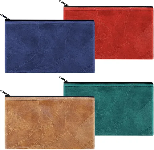 Miniatura 20 de Paquete de 4 bolsas de dinero para depósitos bancarios, cartera de cuero sintético resistente con cremallera con ventana transparente, bolsa