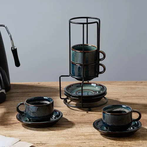Miniatura 7 de JIEMEI HOME - Tazas apilables de porcelana para espresso con platillos y soporte de metal, tazas Demitasse de 4 onzas para bebidas de café