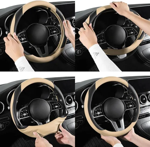 Miniatura 6 de Funda para volante de automóvil, funda para volante de piel de microfibra con ajuste universal de 14.5-15 pulgadas, antideslizante, cómoda, Beige