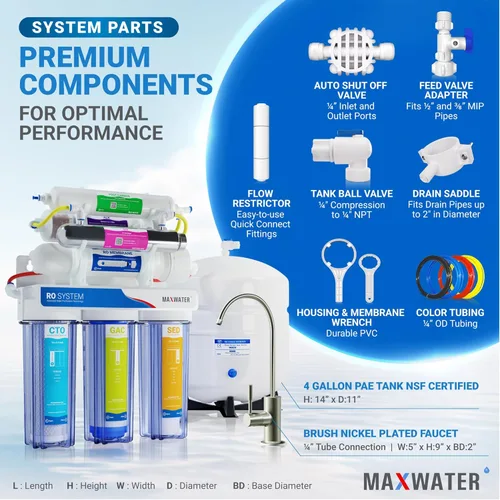 Miniatura 3 de Max Water 11 etapas 50 GPD (galones por día) RO (ósmosis inversa) + U - V y pH alcalino (5 en 1) sistema de filtro de agua debajo del fregadero