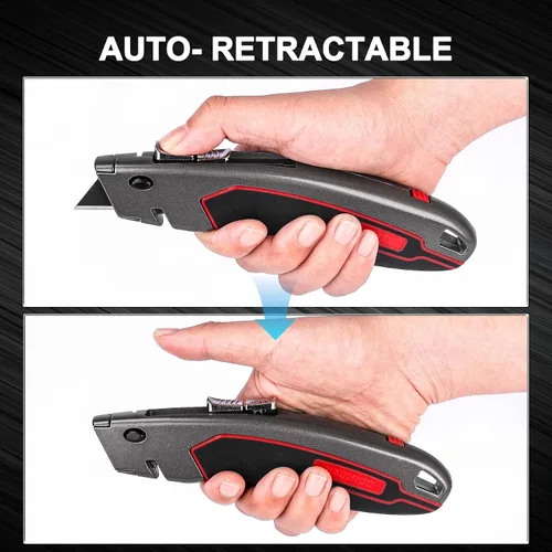 Miniatura 4 de HAUTMEC Cortador de caja de alta resistencia retráctil, cuchillo utilitario 2 en 1 con sistema de bloqueo automático y 3 posiciones, almacenamiento