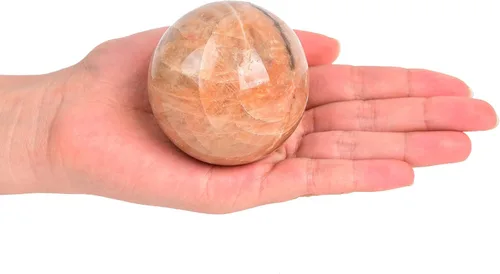 AMOYSTONE Esfera de cristal natural naranja de piedra lunar pulida, esfera decorativa para adivinación con soporte de madera, bola de cristal