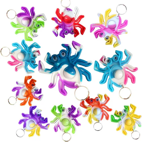 Paquete de 20 llaveros divertidos y únicos de araña, diseño de arcoíris, juguetes para fiestas de Halloween, juguetes para niños, estudiantes,