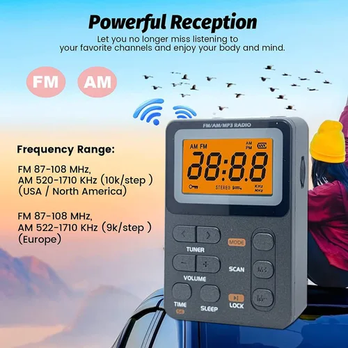 Miniatura 2 de Radio AM/FM de bolsillo con la mejor recepción, radio recargable portátil con auriculares, reproductor de MP3, mini pantalla de bloqueo estéreo