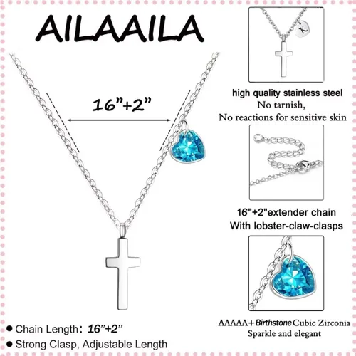 Miniatura 5 de AILAAILA Tiny Cross Necklace for Girls Heart Initial Necklace Heart Birthstone Necklace Letter Stainless Steel Pendant Jewelry First Communion