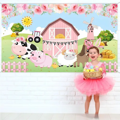 Miniatura 7 de Tatuo Pancarta de fondo de decoración de cumpleaños de granja rosa, tamaño grande, 3.6 x 6 pies, pancarta de fondo de animales de granero para baby