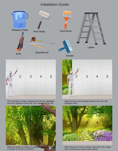 Miniatura 6 de Reyhui - Papel tapiz con imagen de bosque, flores y camino en mural de pared para dormitorio, sala de estar, fondo de TV, sofá