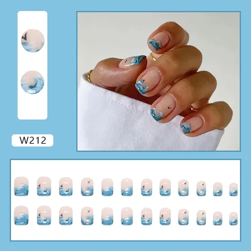 Miniatura 2 de Uñas postizas a presión de longitud corta, 24 piezas de cobertura completa, reutilizables, brillantes, uñas postizas con pegamento, uñas postizas