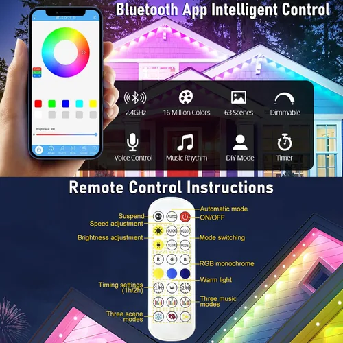 Miniatura 3 de MUCCCUTE Luces Permanentes al Aire Libre para Navidad de 150 pies RGB + IC para Aleros con Aplicación y Control Remoto, Cadena de Luces LED al Aire